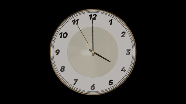 時計の針が0時59分50秒から1時00分10秒まで進む3DCG