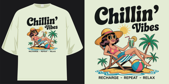 chillin vibes vintage beach summer illustration with woman relaxing on lounge chair on tropical island and slogan recharge repeat relax t shirt design vector illustration artwork