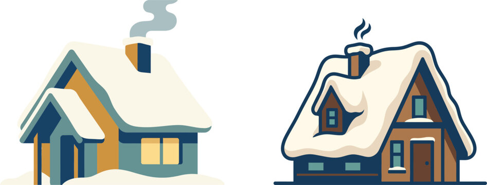 Snow Covered Winter House Vector Illustration with Chimney Smoke