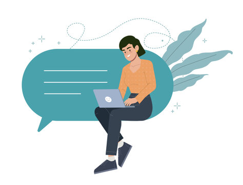Vector illustration of woman using laptop with large speech bubble, online messaging and digital communication concept