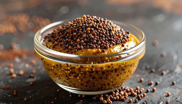 Whole grain mustard in a glass bowl showing dark seeds and thick texture for gourmet food advertising
