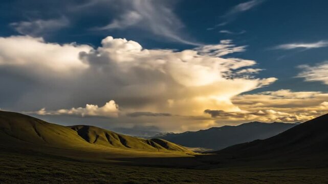 Epic scenic time-lapse of dramatic clouds rolling over lush green valley landscape with mountains
