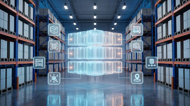 Floating transparent data cubes with logistics icons in spacious industrial warehouse for smart inventory management and supply chain digital transformation technology concept