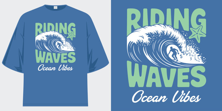 riding waves retro surfing illustration with surfer silhouette big ocean wave starfish and slogan ocean vibes t shirt design vector illustration artwork