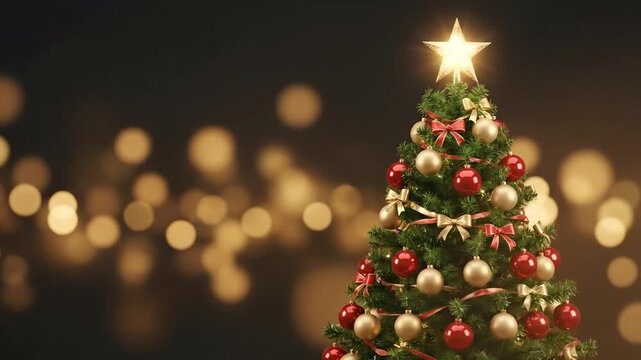 Decorated Christmas tree with glowing star topper and bokeh background