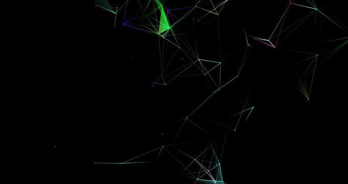 Translucent colorful geometric facets rotate with shifting velocity close to camera. Vivid low poly polygon planes spin in dynamic dark space.
