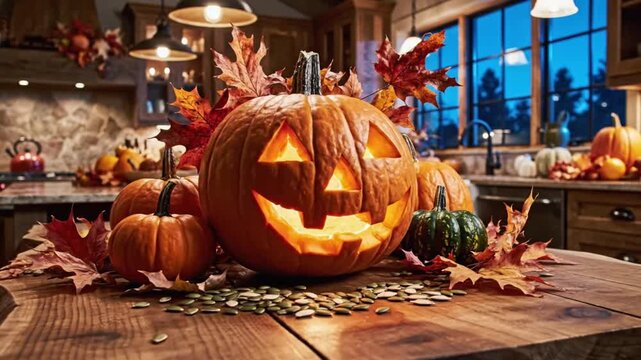 Carved Halloween Pumpkin on a Table with Autumn Decorations