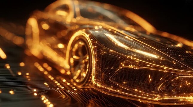 Extreme close up front quarter low angle perspective view of 3D wireframe sports car model with glowing orange light mesh on circuit board platform (AI Generated)
