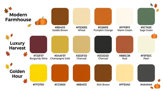 Autumn color palette collection, modern farmhouse and luxury harvest swatches, golden hour fall hex codes for graphic design