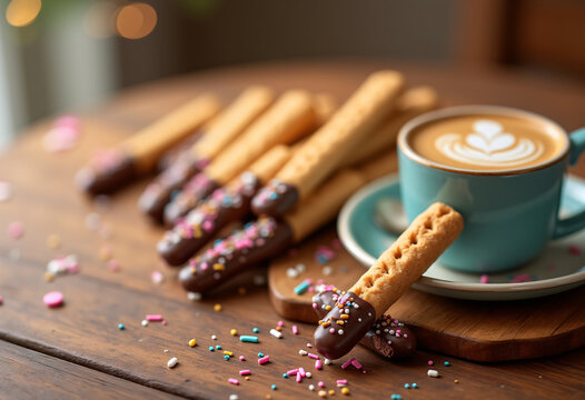 Sweet Pepero Day Chocolate Dipped Biscuit Sticks and Warm Latte Coffee Cup