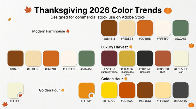 Thanksgiving 2026 color trends palette, modern farmhouse and luxury harvest swatches, autumn seasonal hex code guide
