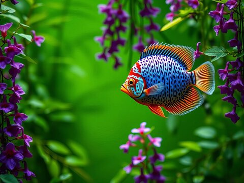 Discus fish swimming amidst lush green water wisteria, freshwater, aquarium plants