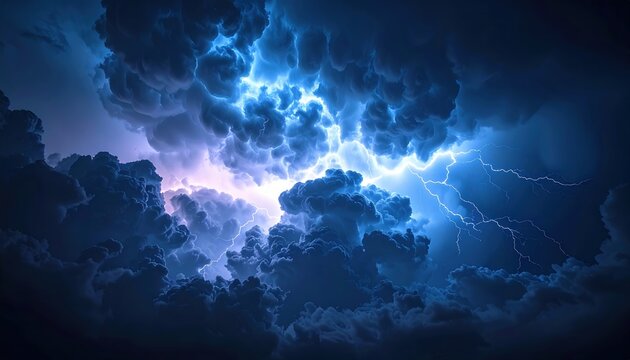 Powerful lightning bolt striking through dark storm clouds, dramatic natural weather phenomenon
