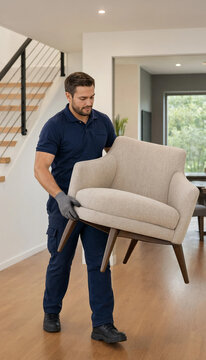 Professional mover in uniform carrying an upholstered armchair into a new home with moving company furniture removal relocation services home delivery moving house living room interior