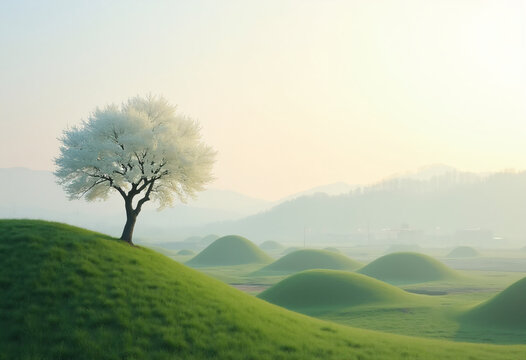 Serene Spring Landscape of Gyeongju Daereungwon Royal Tombs with Blooming Magnolia