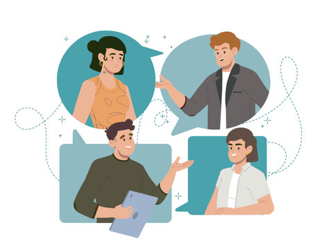 People talking in speech bubbles with tablet, teamwork, conversation and social interaction concept, vector illustration