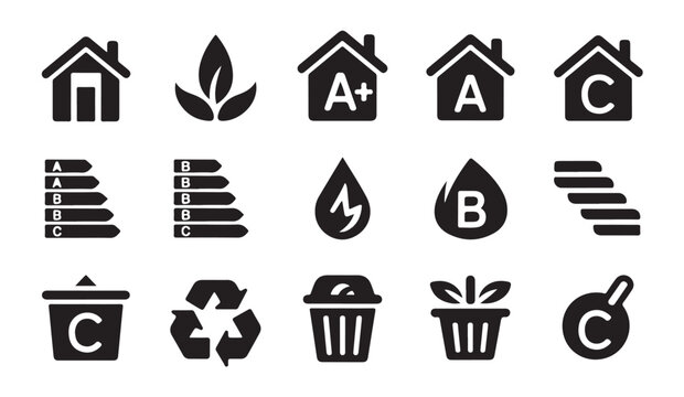 Ecological energy rating classification black silhouettes and waste management icons set on transparent background.