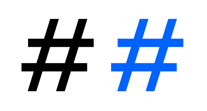 Two hashtag symbols in black and blue against a white background digital communication concept