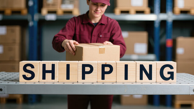 A warehouse worker holds a sealed cardboard box behind wooden blocks spelling SHIPPING on a conveyor, presenting a practical logistics and parcel handling scene for distribution operations