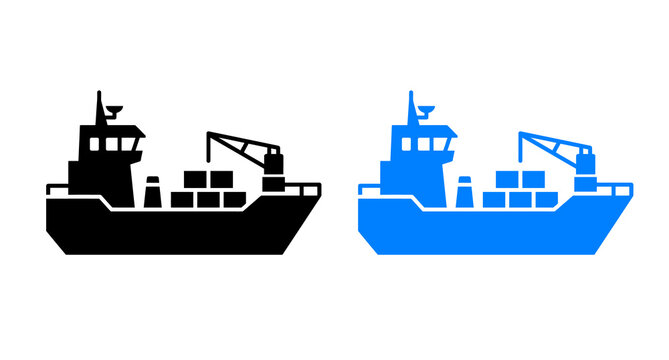Cargo ship silhouettes in black and blue with a crane and containers on a white background