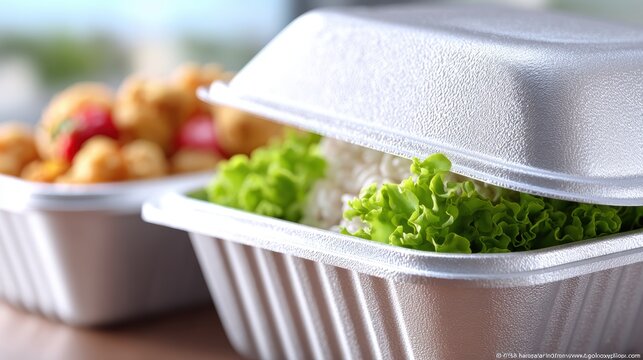 Close-up food delivery container with fresh lettuce and steamed rice for menu imagery, delivery packaging mockup, restaurant takeout presentation and meal prep catalog