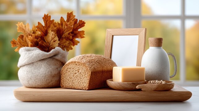 Autumn kitchen arrangement with loaf of bread, cheese block, dried leaves and ceramic jug on wooden board for seasonal recipe post, farmhouse breakfast styling and food product promotion