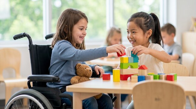 Happy little girl in wheelchair playing with colorful wooden building blocks together with her friend in bright inclusive classroom
