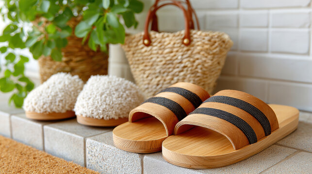 Wooden geta style sandals beside woven bags and plants at entrance for home interior background and lifestyle banner