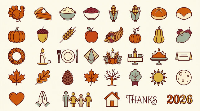 Thanksgiving 2026 icon set, autumn holiday symbols collection, 40 flat line icons for harvest festival marketing