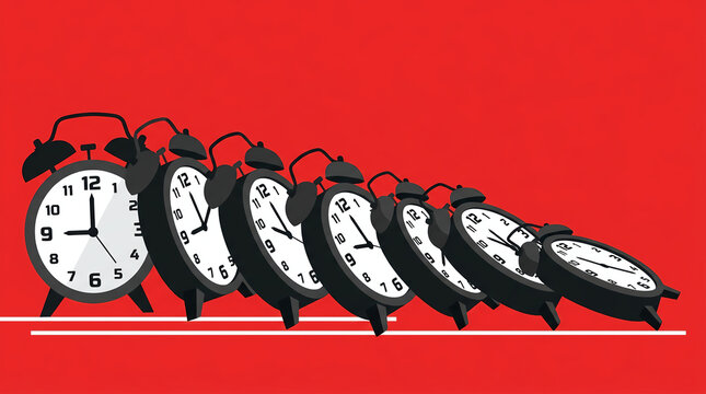 Row of black alarm clocks falling like dominoes on red background