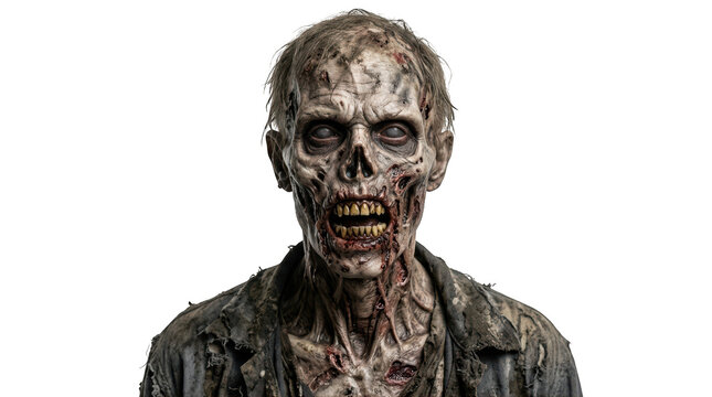 Closeup portrait of a terrifying undead zombie with decaying skin and hollow eyes isolated on transparent background