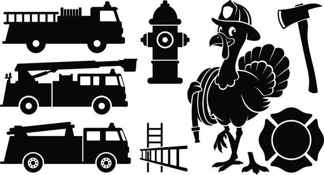 Thanksgiving firefighter turkey vector silhouette set with emergency elements including fire truck hydrant ladder hose and axe.