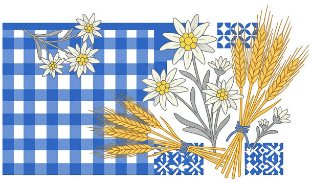 Alpine floral illustration with edelweiss flowers and wheat stalks