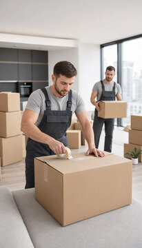 Two professional movers wearing blue overalls packing cardboard boxes in a modern apartment with moving house moving service men working residential moving cardboard carton moving day