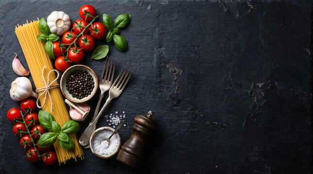 Raw spaghetti pasta with cherry tomatoes basil and garlic on a dark textured background with copy space