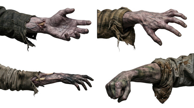 Set of four realistic zombie arms with torn clothing and exposed bone isolated on transparent background