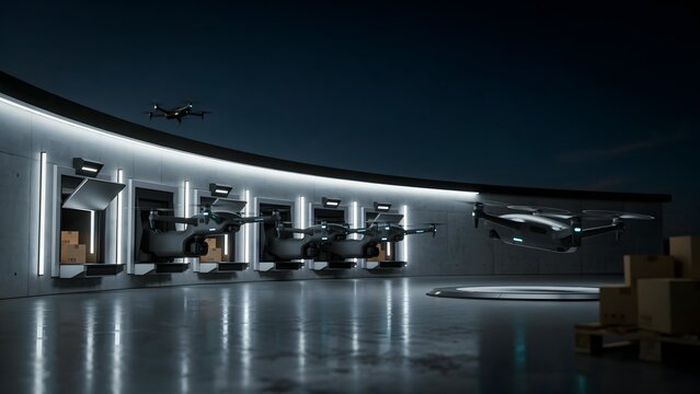 Modern drone testing facility with multiple aircraft and advanced equipment in controlled environment