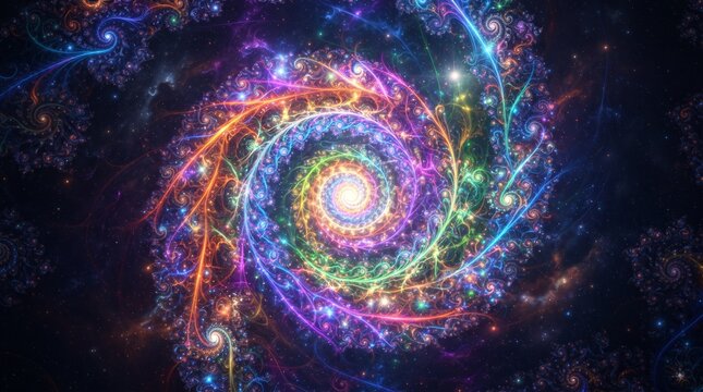 Vibrant fractal spiral background, glowing cosmic nebula with rainbow colors, psychedelic space vortex with sparkling stars and light trails