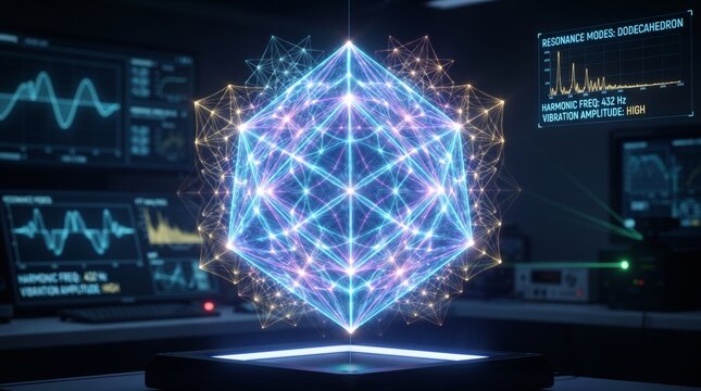 Futuristic glowing geometric cube in high-tech laboratory, blue digital data visualization on monitors, advanced scientific research concept