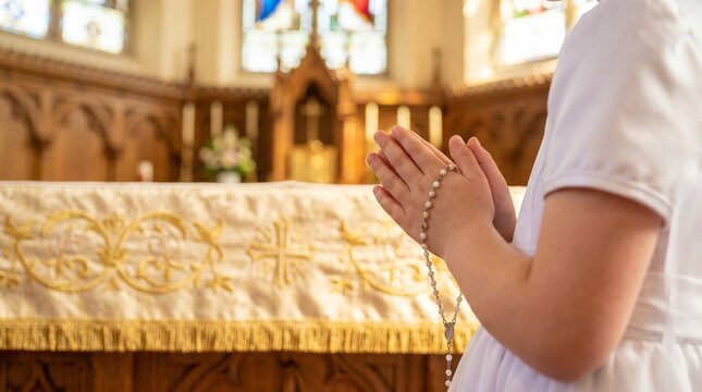 Child hands clasped in prayer holding rosary beads during religious communion ceremony inside church
