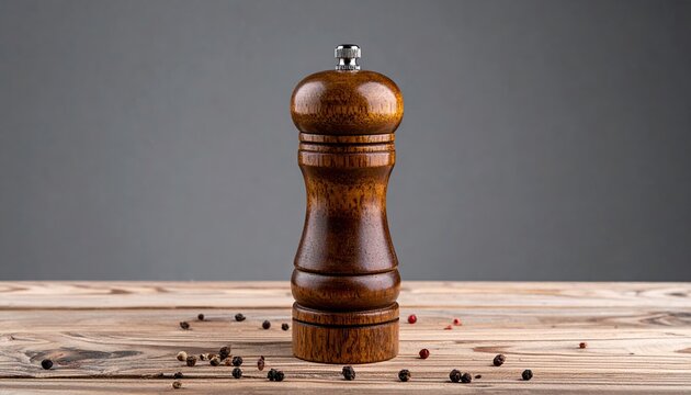 Wooden pepper mill with metallic grinder, stylish kitchen utensil and culinary accessory