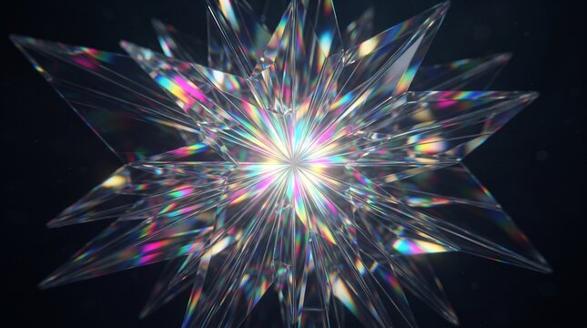 Crystalline prism star with rainbow light refraction, iridescent glass geometric sculpture, glowing diamond starburst on dark background