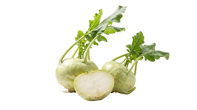 Fresh green kohlrabi with leaves isolated on white background, organic raw turnip cabbage, sliced vegetable for healthy cooking