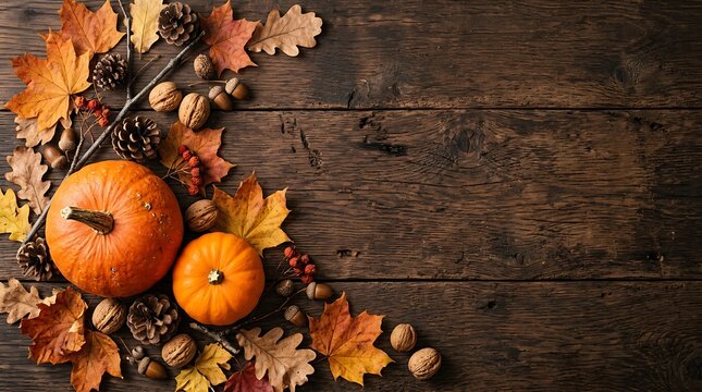 Cozy autumnal scene with pumpkins and leaves on a wooden background , Fall And Autumn Season, Halloween, Thanksgiving