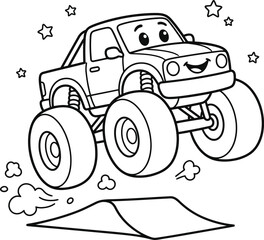 Cute monster truck coloring page for kids, black and white outline monster truck jumping off ramp vector, cartoon vehicle line art activity sheet © Taslima