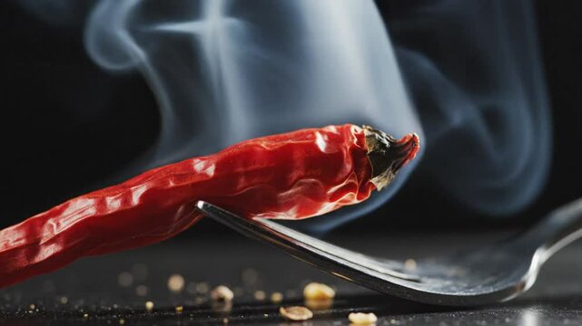 Red hot chili pepper burning with flames and smoke on a silver fork, cooking ingredient close up