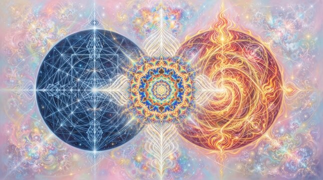 Mystical sacred geometry mandala, cosmic celestial energy spheres in blue and gold, spiritual metaphysical background for meditation