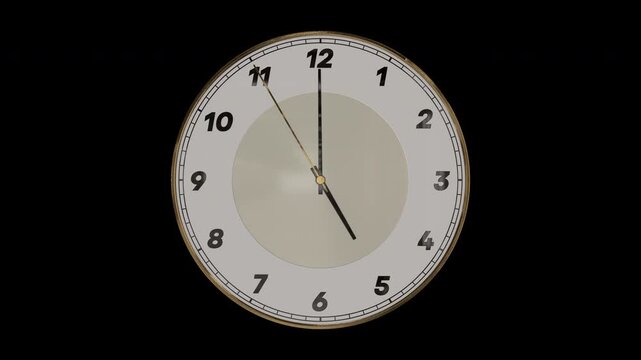 時計の針が4時59分50秒から5時00分10秒まで進む3DCG