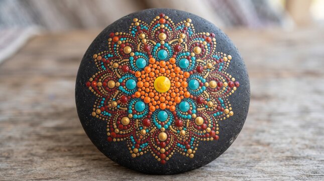 Hand-painted mandala stone with intricate dot art, colorful bohemian rock painting, decorative zen pebble for meditation and home decor