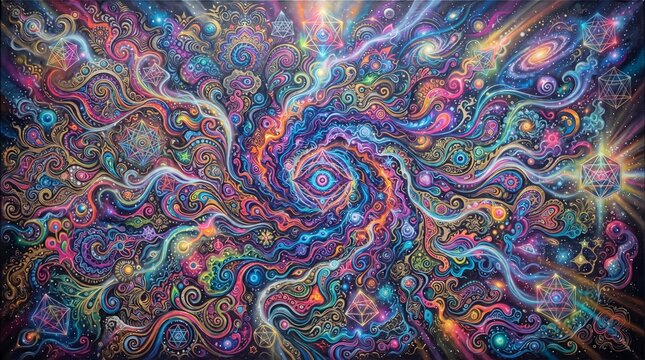 Psychedelic cosmic nebula art, vibrant fractal galaxy swirls, colorful dreamscape universe background, trippy celestial energy patterns